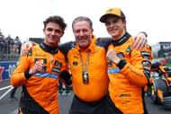 Second placed Lando Norris of Great Britain and McLaren Zak Brown, Chief Executive Officer of McLaren and Race winner Oscar Piastri of Australia and McLaren celebrate in parc ferme during the F1 Grand Prix of China - Source: Getty